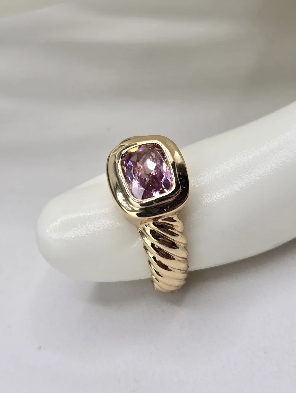 Swarovski Crystal Elements Gold Statement Ring Pink Size 7 Bezel Set East West